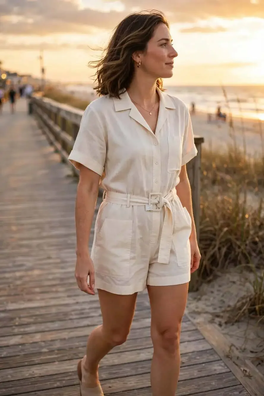 Banana Republic Linen Blend Short Sleeve Belted Utility Romper
